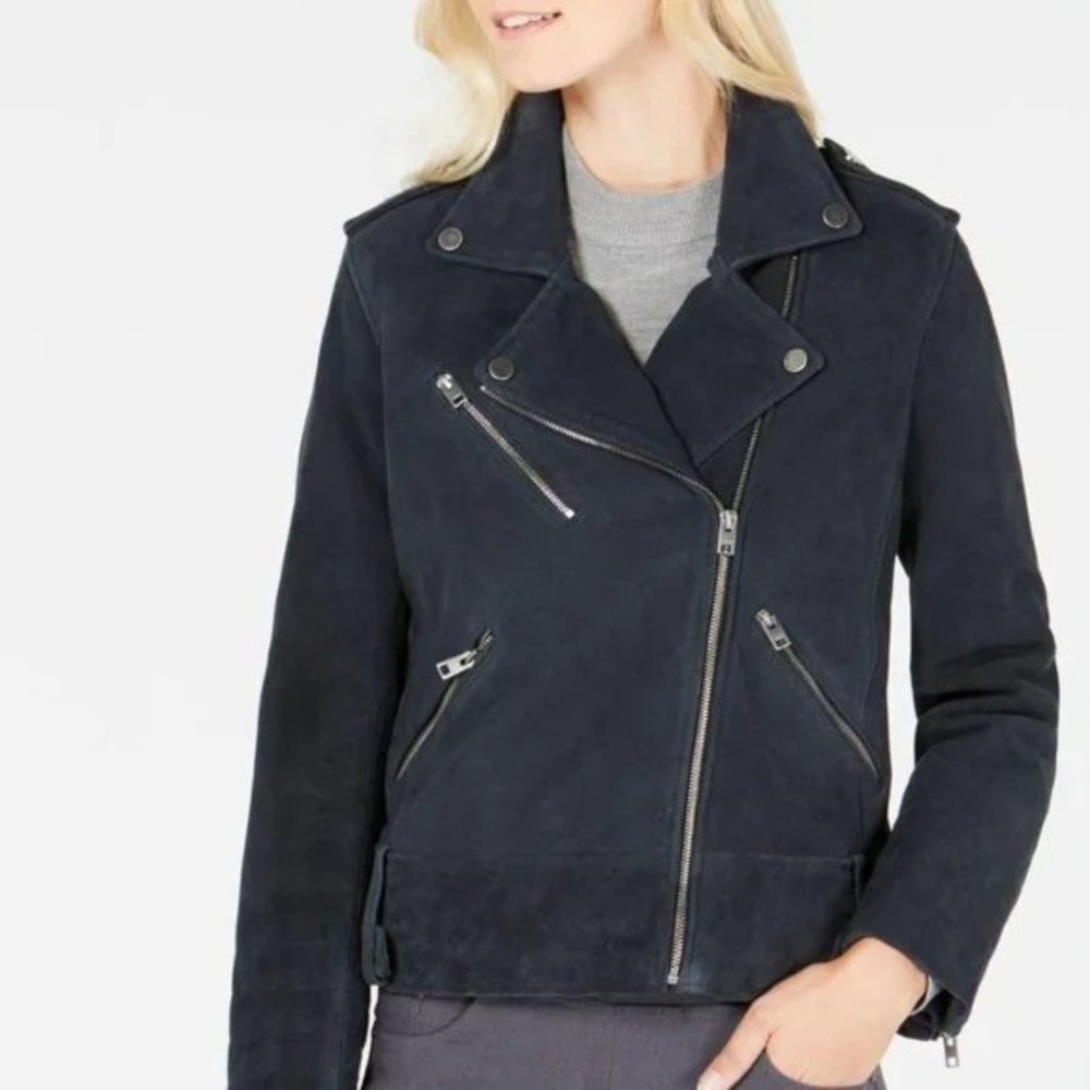 Lucky Brand 100% Genuine Lamb Suede Asymmetric Navy Jacket. XXL